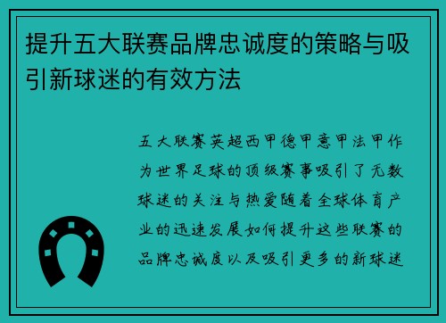 提升五大联赛品牌忠诚度的策略与吸引新球迷的有效方法